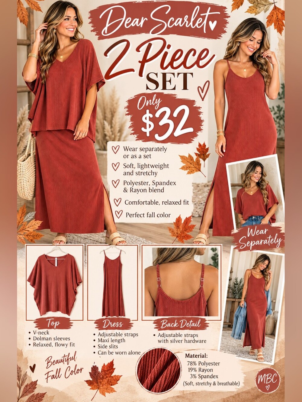 Dear Scarlett Ribbed Maxi Two-Piece Set — Rust